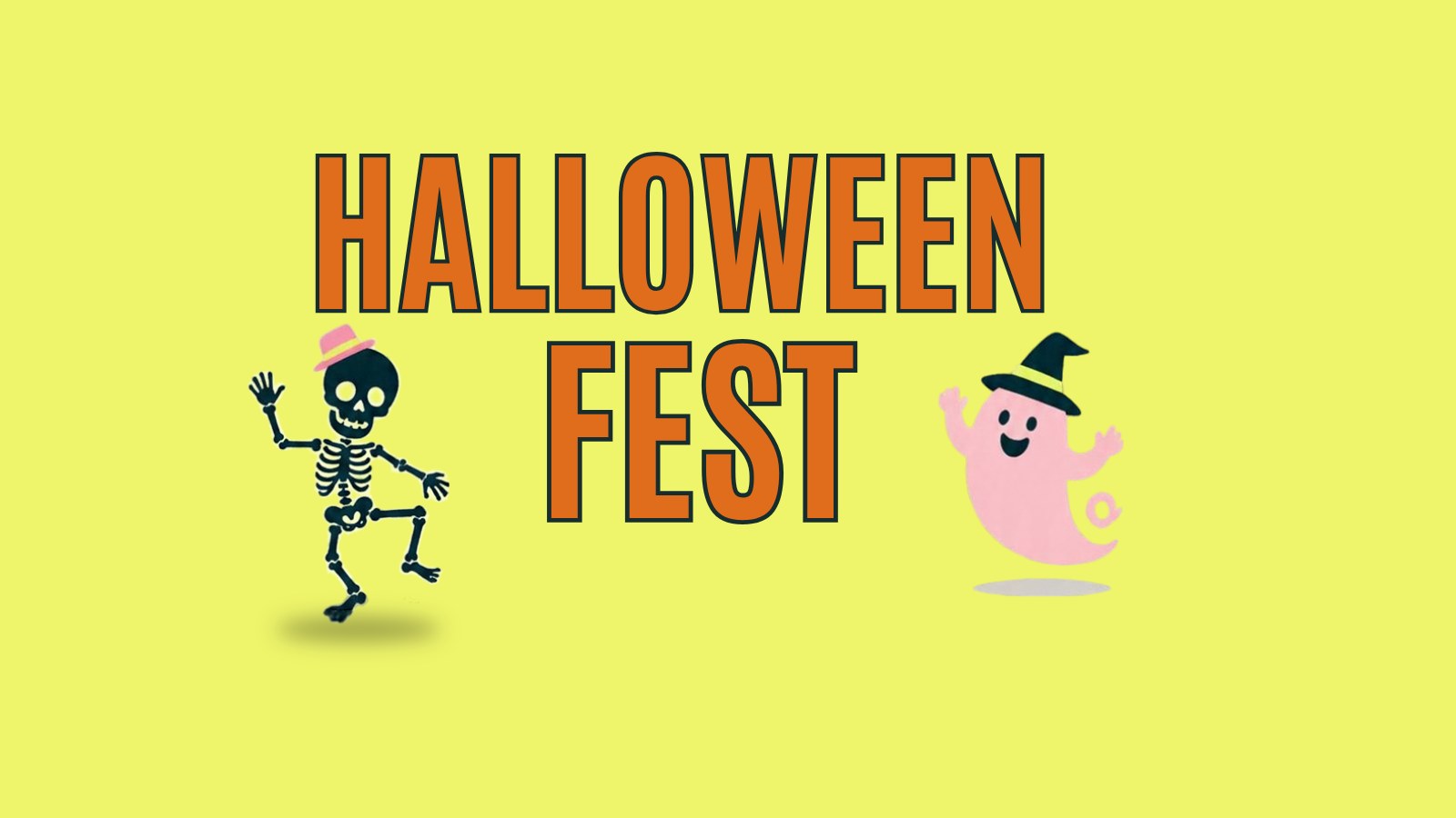 Halloween Fest title art with a dancing skeleton and a pink ghost